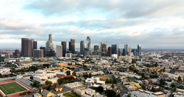 Aerial drone view of downtown Los Angeles. American dream LA cityscape. Iconic urban view of America. California LA city skyline. Modern metropolis in USA. LA dream city. LA skyscrapers from top.